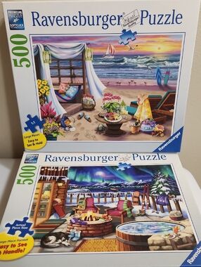 2 Ravensburger 500 Pc Puzzle Cabana Retreat Beach & Northern Lights Large Format